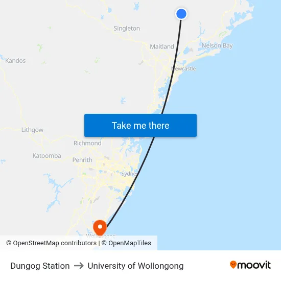 Dungog Station to University of Wollongong map