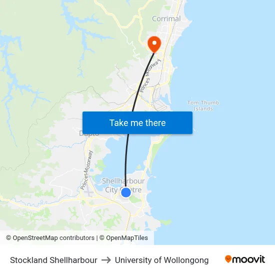 Stockland Shellharbour to University of Wollongong map