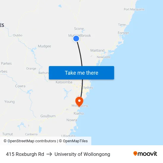 415 Roxburgh Rd to University of Wollongong map