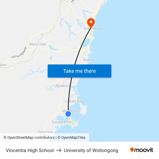 Vincentia High School to University of Wollongong map