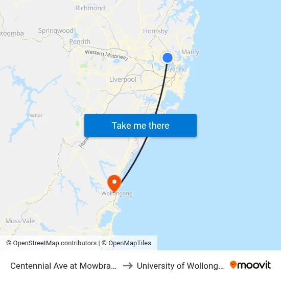 Centennial Ave at Mowbray Rd to University of Wollongong map