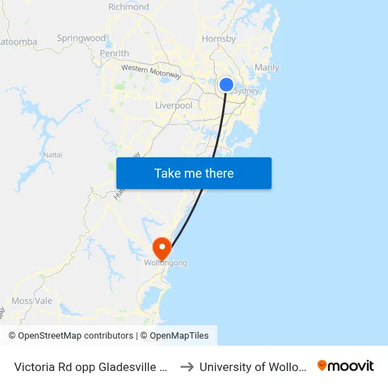 Victoria Rd opp Gladesville Hospital to University of Wollongong map