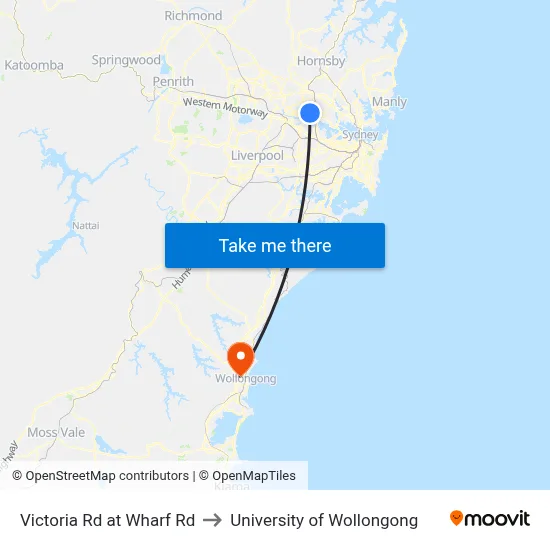 Victoria Rd at Wharf Rd to University of Wollongong map