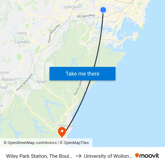 Wiley Park Station, The Boulevarde to University of Wollongong map