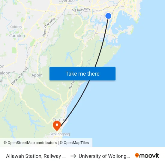 Allawah Station, Railway Pde to University of Wollongong map