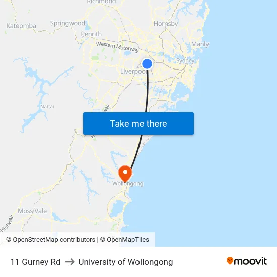 11 Gurney Rd to University of Wollongong map