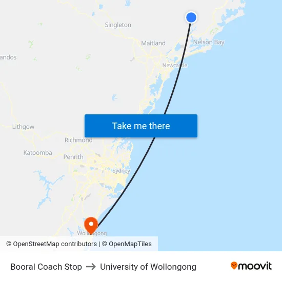 Booral Coach Stop to University of Wollongong map