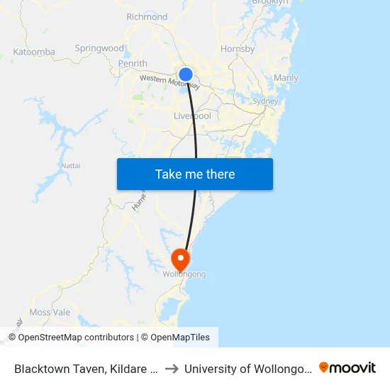 Blacktown Taven, Kildare Rd to University of Wollongong map