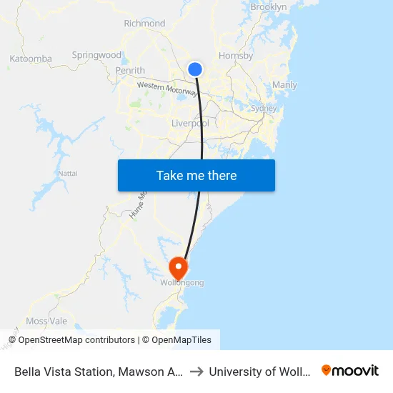 Bella Vista Station, Mawson Av, Stand A to University of Wollongong map