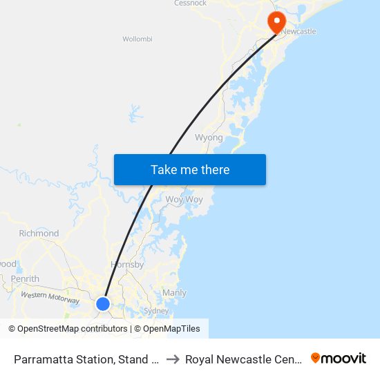 Parramatta Station, Stand A2 to Royal Newcastle Centre map
