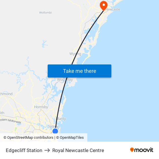 Edgecliff Station to Royal Newcastle Centre map