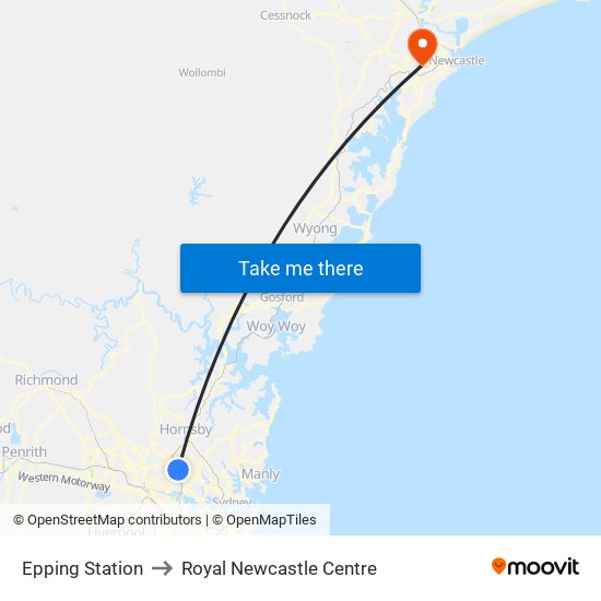 Epping Station to Royal Newcastle Centre map