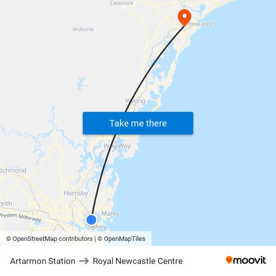 Artarmon Station to Royal Newcastle Centre map