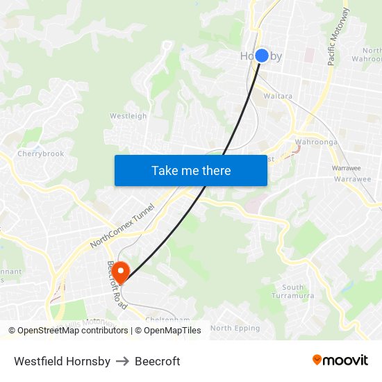 Westfield Hornsby to Beecroft map