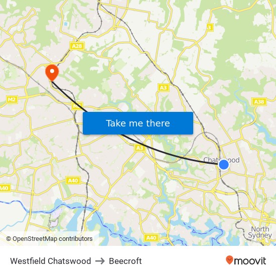 Westfield Chatswood to Beecroft map