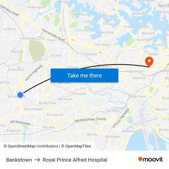 Bankstown to Royal Prince Alfred Hospital map