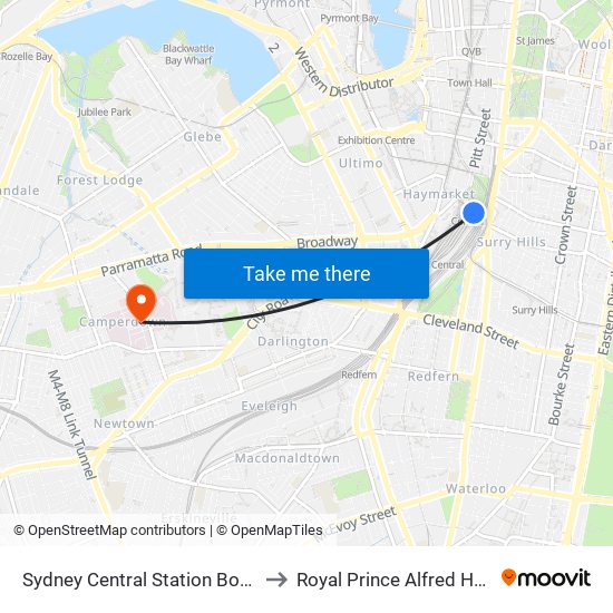Sydney Central Station Bookstore to Royal Prince Alfred Hospital map