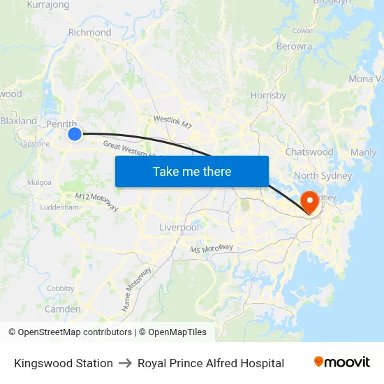 Kingswood Station to Royal Prince Alfred Hospital map
