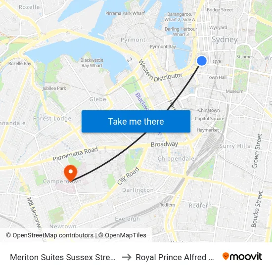 Meriton Suites Sussex Street Sydney to Royal Prince Alfred Hospital map