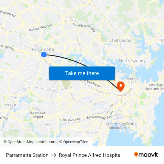 Parramatta Station to Royal Prince Alfred Hospital map