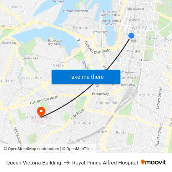 Queen Victoria Building to Royal Prince Alfred Hospital map