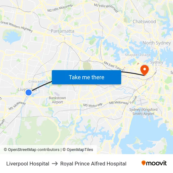 Liverpool Hospital to Royal Prince Alfred Hospital map
