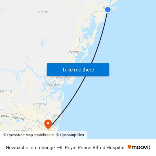Newcastle Interchange to Royal Prince Alfred Hospital map