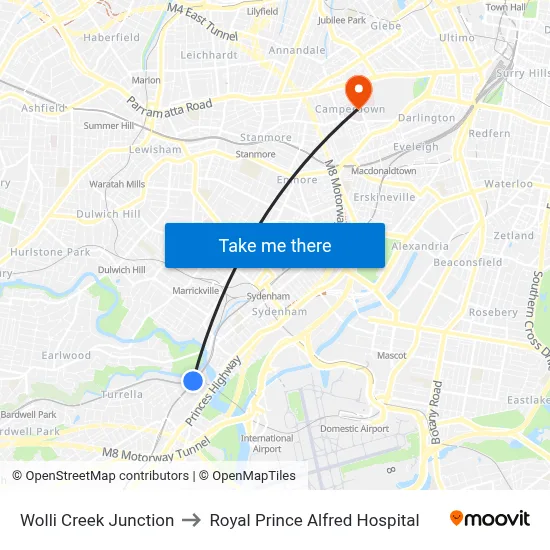 Wolli Creek Junction to Royal Prince Alfred Hospital map