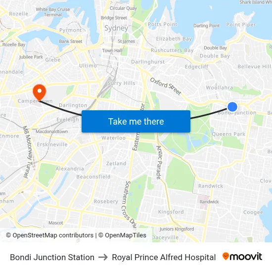 Bondi Junction Station to Royal Prince Alfred Hospital map