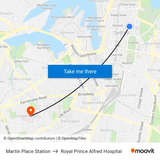 Martin Place Station to Royal Prince Alfred Hospital map