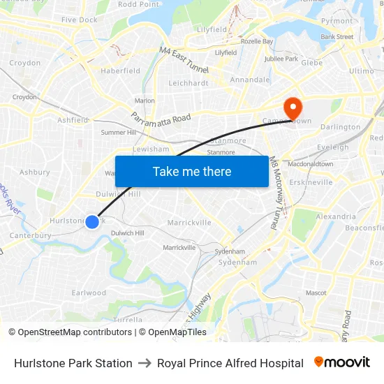 Hurlstone Park Station to Royal Prince Alfred Hospital map