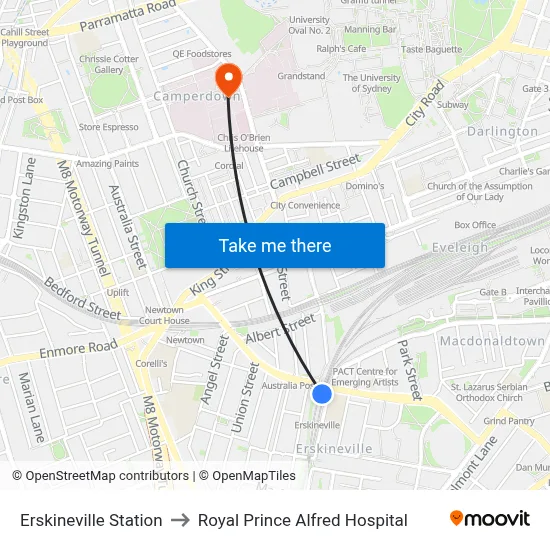 Erskineville Station to Royal Prince Alfred Hospital map