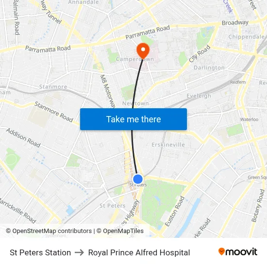 St Peters Station to Royal Prince Alfred Hospital map