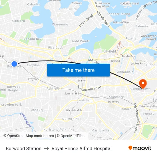 Burwood Station to Royal Prince Alfred Hospital map