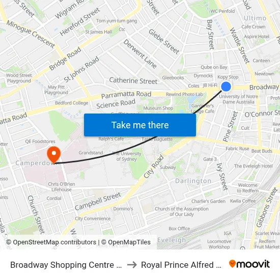 Broadway Shopping Centre Broadway to Royal Prince Alfred Hospital map