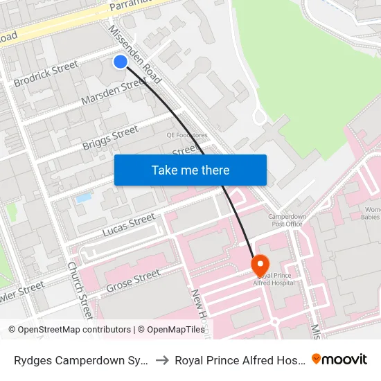 Rydges Camperdown Sydney to Royal Prince Alfred Hospital map