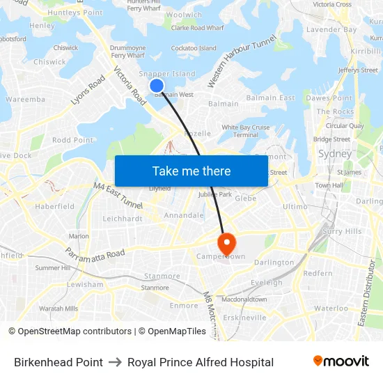Birkenhead Point to Royal Prince Alfred Hospital map