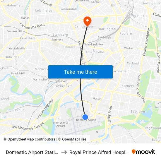 Domestic Airport Station to Royal Prince Alfred Hospital map