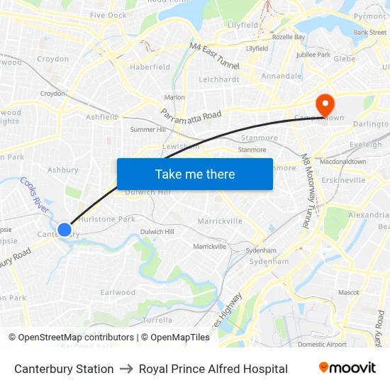 Canterbury Station to Royal Prince Alfred Hospital map