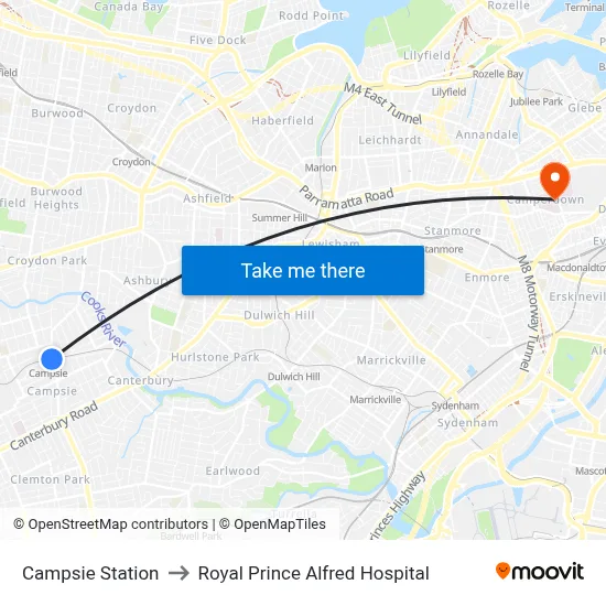 Campsie Station to Royal Prince Alfred Hospital map