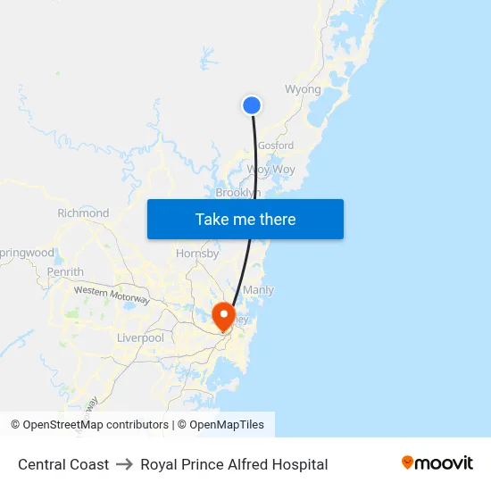 Central Coast to Royal Prince Alfred Hospital map