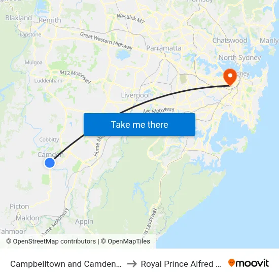 Campbelltown and Camden Hospitals to Royal Prince Alfred Hospital map