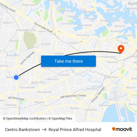 Centro Bankstown to Royal Prince Alfred Hospital map