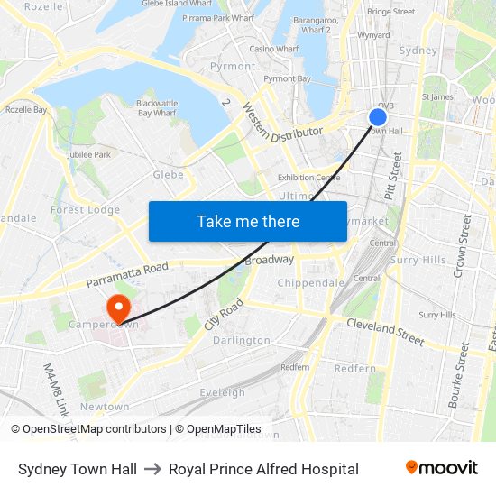 Sydney Town Hall to Royal Prince Alfred Hospital map