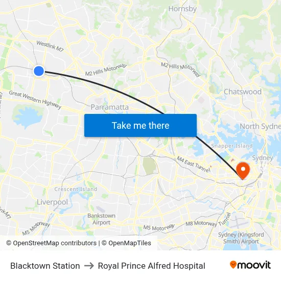 Blacktown Station to Royal Prince Alfred Hospital map