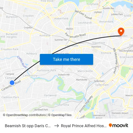 Beamish St opp Dan's Corner to Royal Prince Alfred Hospital map