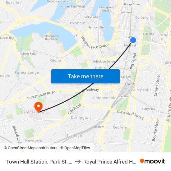 Town Hall Station, Park St, Stand J to Royal Prince Alfred Hospital map