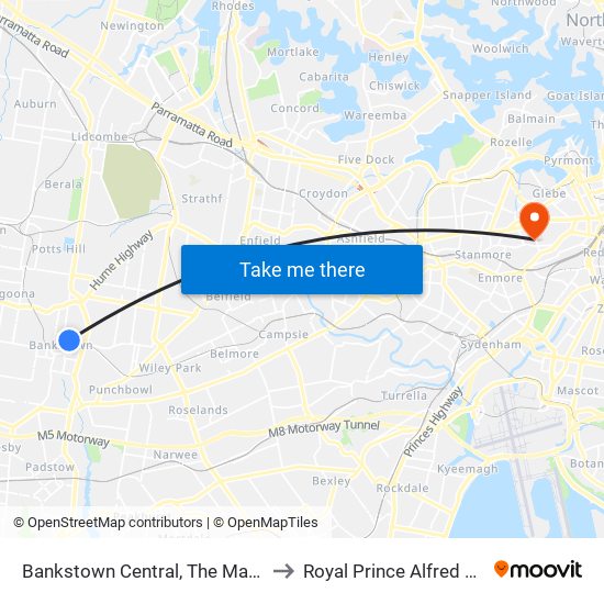 Bankstown Central, The Mall, Stand C to Royal Prince Alfred Hospital map