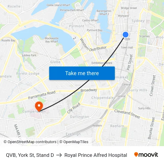 QVB, York St, Stand D to Royal Prince Alfred Hospital map