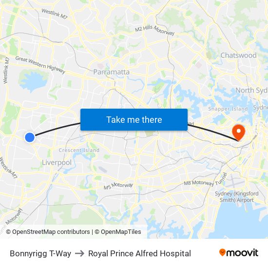 Bonnyrigg T-Way to Royal Prince Alfred Hospital map